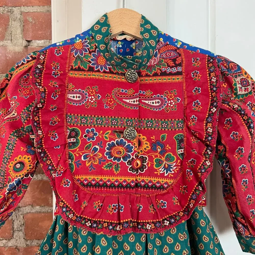 Vintage 70s Girls Prairie Dress Patchwork Floral‎ Cottagecore Folk Red Green 3T